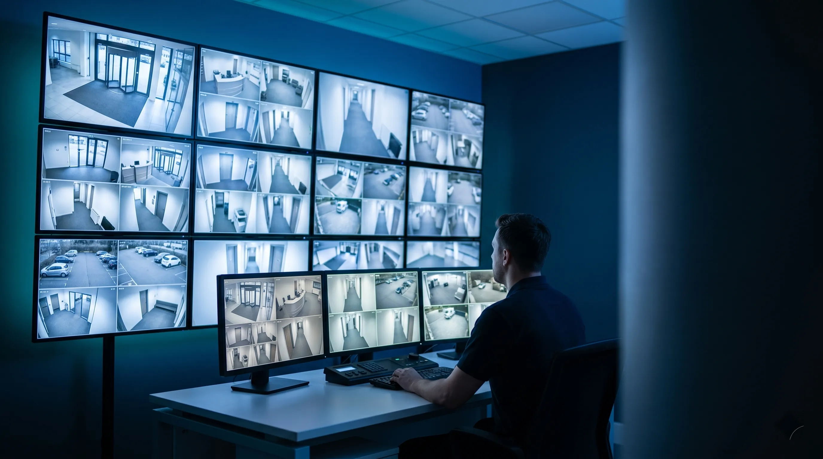 CCTV control room monitoring multiple security cameras